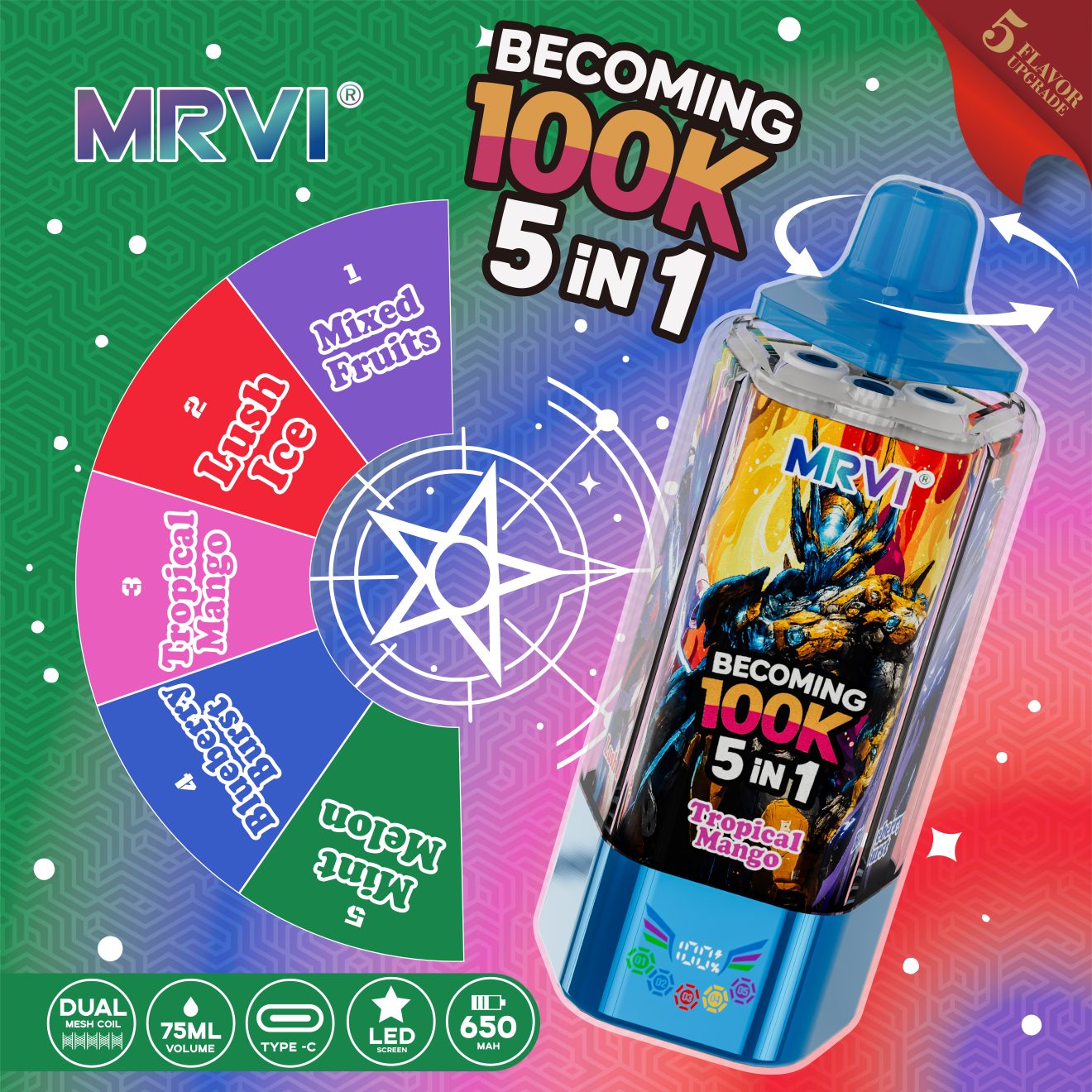 MRVI TORNANDO-SE 100K | Vape descartável em massa com tela de toque de 100.000 baforadas 5 em 1 3 MRVI TORNANDO-SE 100K | Vape descartável em massa com tela de toque de 100.000 baforadas 5 em 1 - Image 3