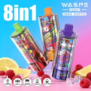 WASPE クリスタル 180K | 8-in-1 フレーバースイッチ、180,000 パフ、LED ディスプレイ、バルク使い捨て VAPE
